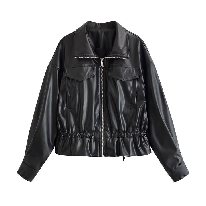 Damen Kurzjacke aus veganem Leder mit Tunnelzug und aufgesetzten Brusttaschen Drune