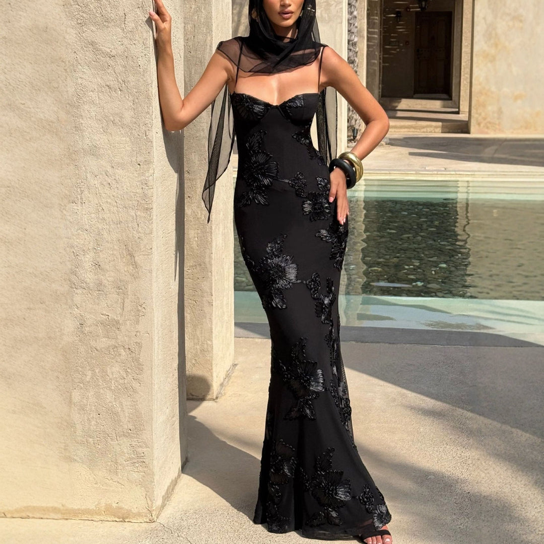 Damen figurbetontes Abendkleid mit floralem Stickdesign und hochwertigem Stoff Drune