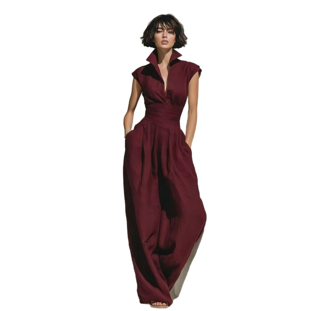 Damen Jumpsuit mit weitem Bein, tailliertem Wickelbund und Stehkragen Drune