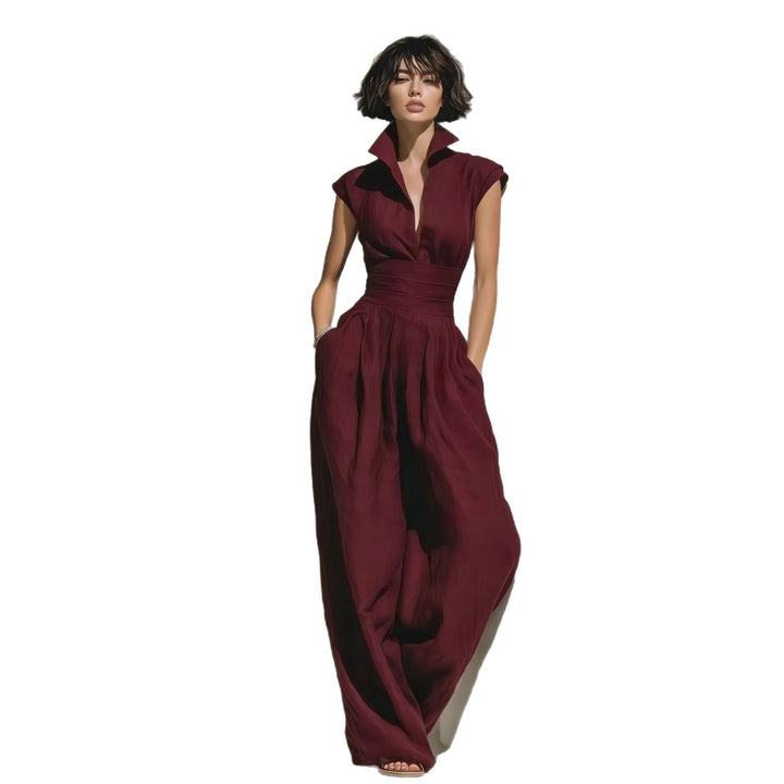 Damen Jumpsuit mit weitem Bein, tailliertem Wickelbund und Stehkragen Drune