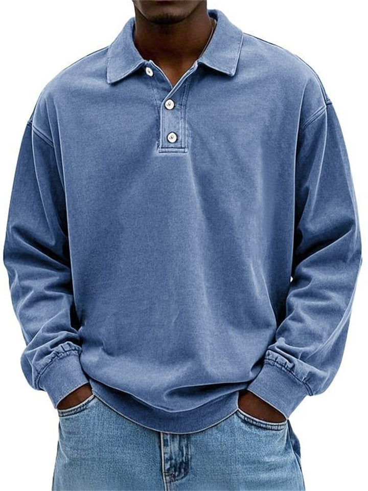 Herren Oversize Denim-Look Polo-Sweatshirt mit kurzer Knopfleiste und elastischen Bündchen EB