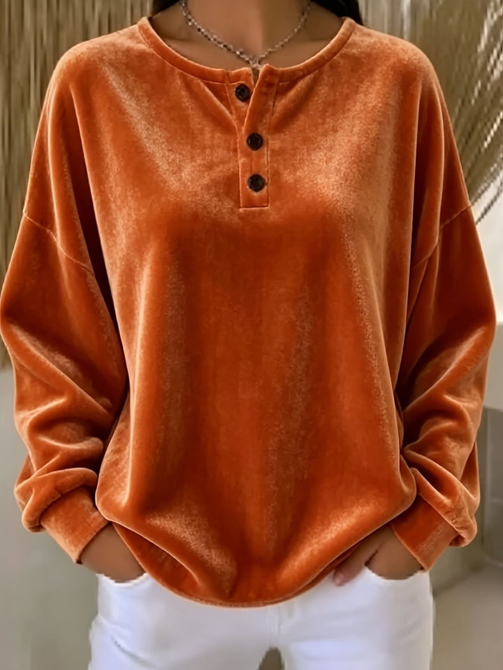 Damen Lässiges Oversize Samt-Henleyshirt mit Knopfleiste Drune