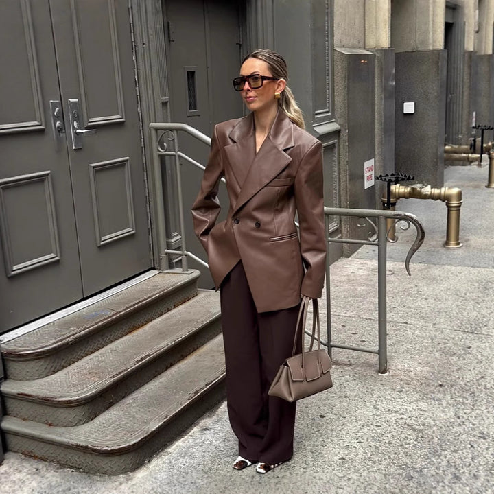Damen stilvolle Kunstlederblazerjacke mit oversized Schnitt Drune