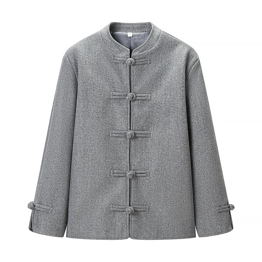 Damen Wolloptik-Kurzjacke mit Stehkragen und Knotenverschlüssen Drune