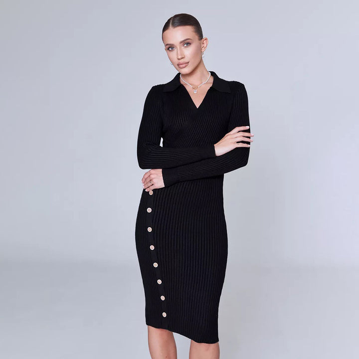 Damen Strickkleid mit elegantem V-Ausschnitt und Knopfdetails Drune