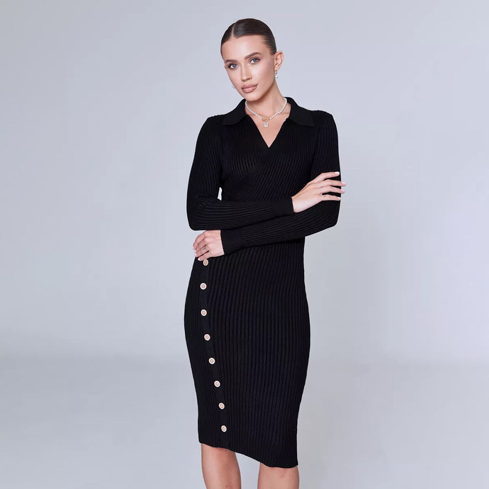 Damen Strickkleid mit klassischem Kragen und Knopfdetails Drune