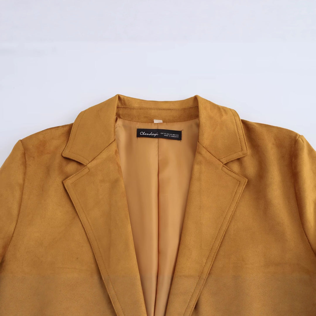 Damen Lang geschnittener Wildlederoptik-Blazer mit Reverskragen und Pattentaschen Drune