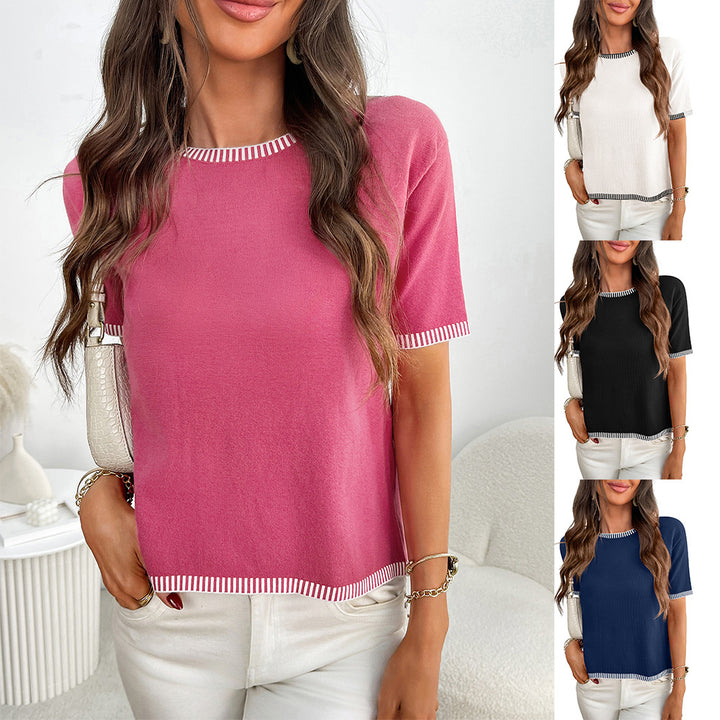 Damen schlichtes Kurzarmshirt mit feinen Kontraststreifen Drune