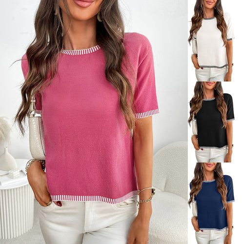 Damen schlichtes Kurzarmshirt mit feinen Kontraststreifen Drune