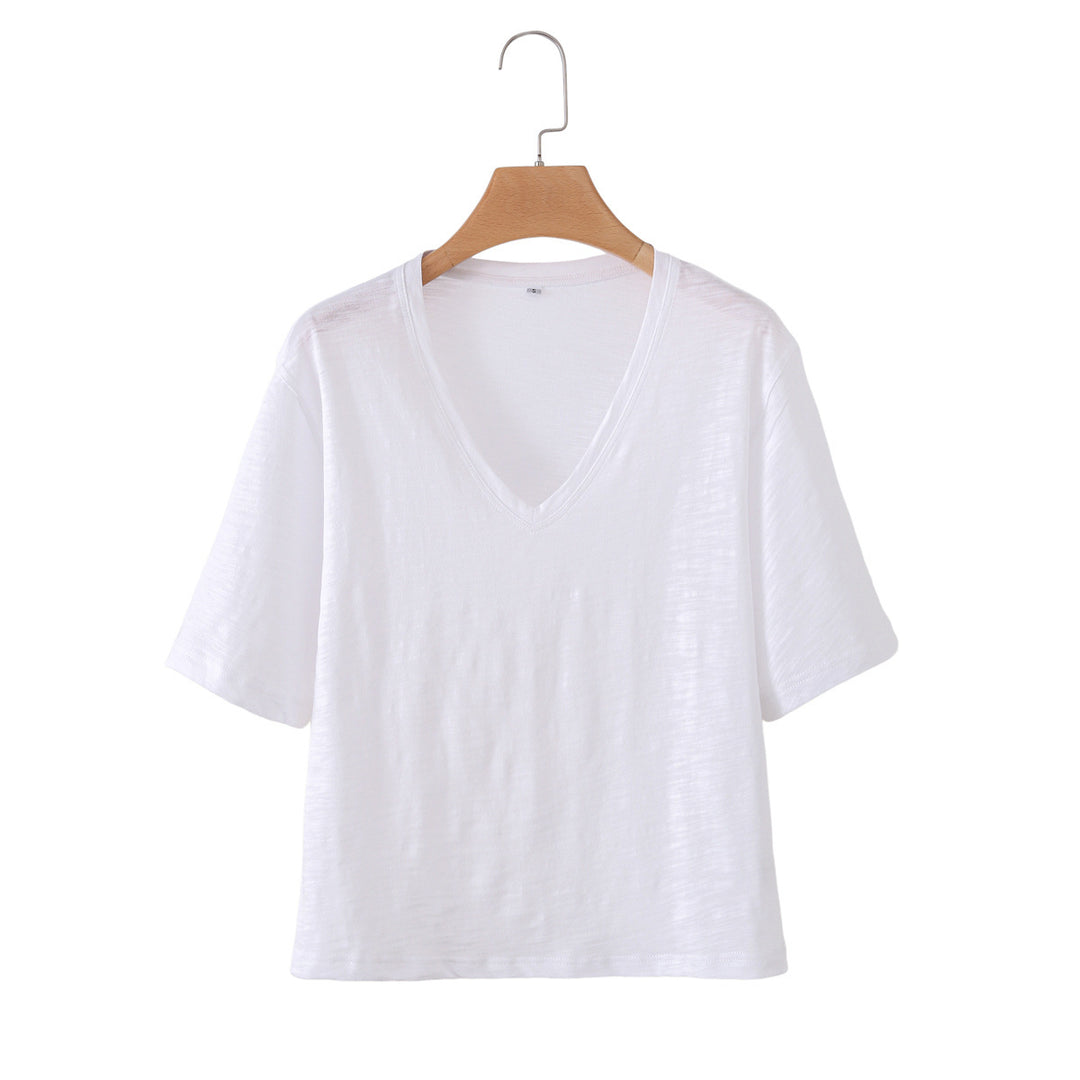 Damen V-Ausschnitt T-Shirt aus hochwertiger Baumwolle mit lässigem Schnitt Drune