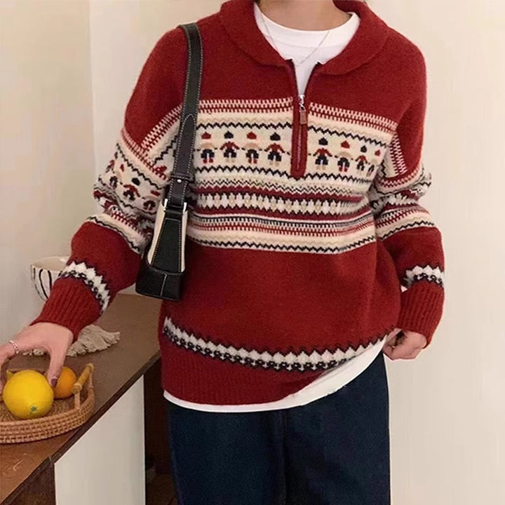 Damen Grobstrickpullover mit hohem Kragen und dekorativem Norweger-Muster Drune