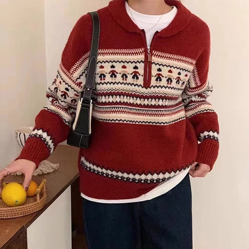 Damen Grobstrickpullover mit hohem Kragen und dekorativem Norweger-Muster Drune