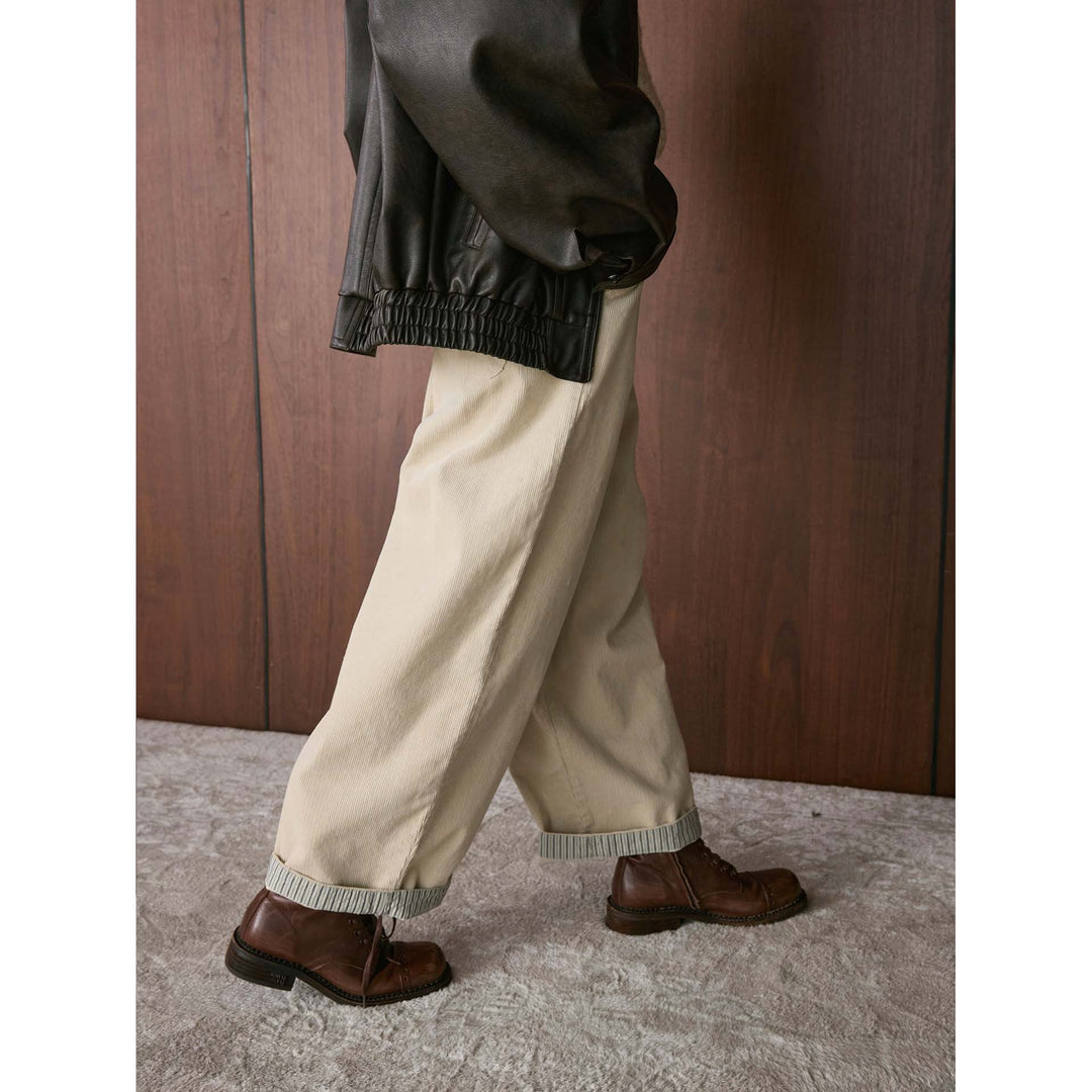Damen Weite Cordhose mit elastischem Tunnelzugbund und umgeschlagenem Kontrastumschlag Drune
