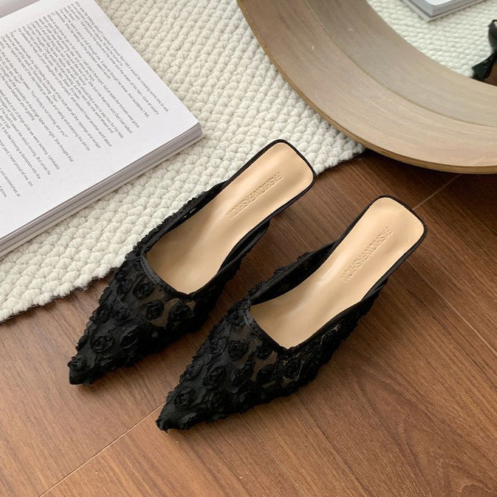 Damen Spitz zulaufende Mesh‑Mules mit dreidimensionalen Blumenapplikationen und gepolstertem Komfortfußbett Drune