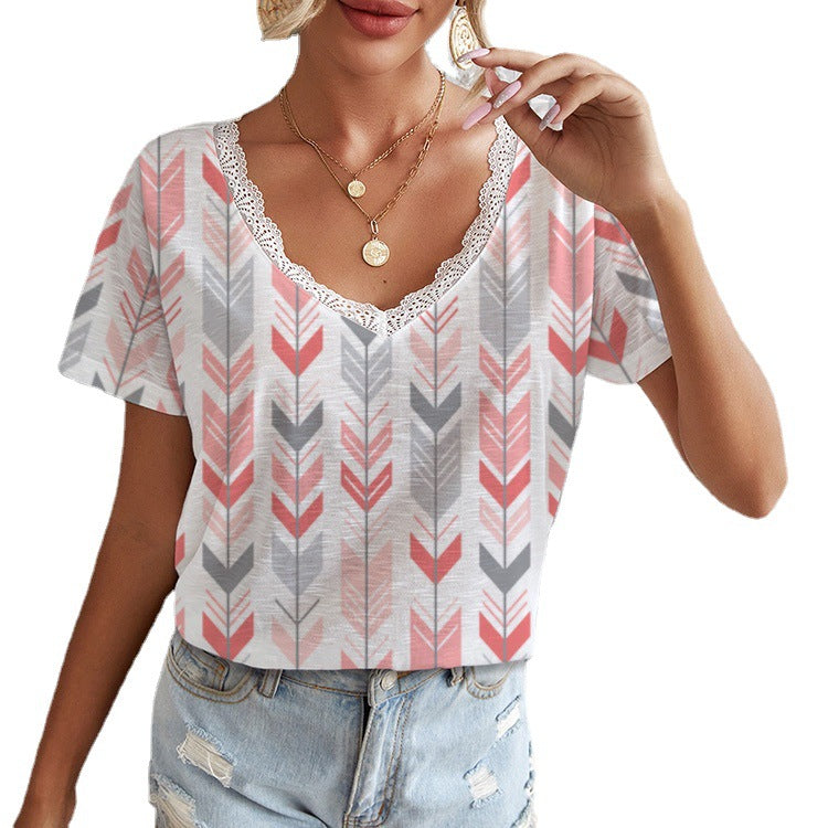 Damen Viskose T-Shirt mit Spitze und Pfeilmuster Drune