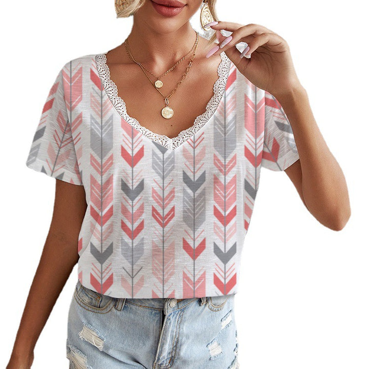 Damen Viskose-Shirt mit Spitzenkragen und Pfeilmuster Drune