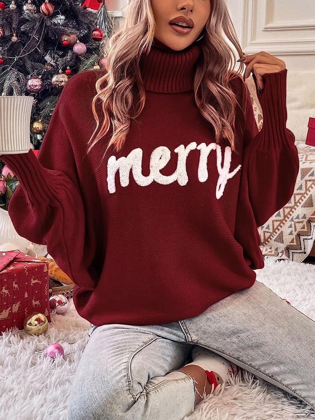 Damen Oversized Rollkragenpullover mit festlichem Schriftzug Drune