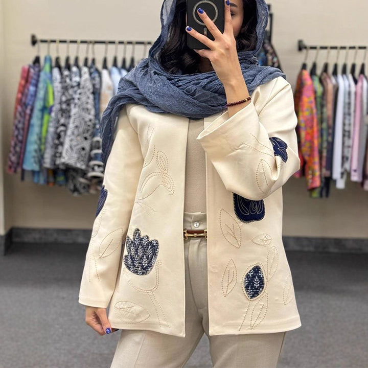 Damen offener Strickblazer mit floraler Stickerei & Applikationen Drune