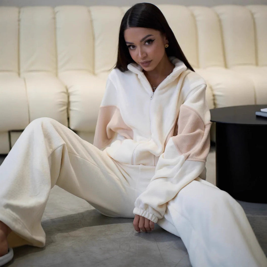 Damen oversized Reißverschluss-Fleecejacke mit Paneel-Details und weiter High-Waist-Loungehose Drune