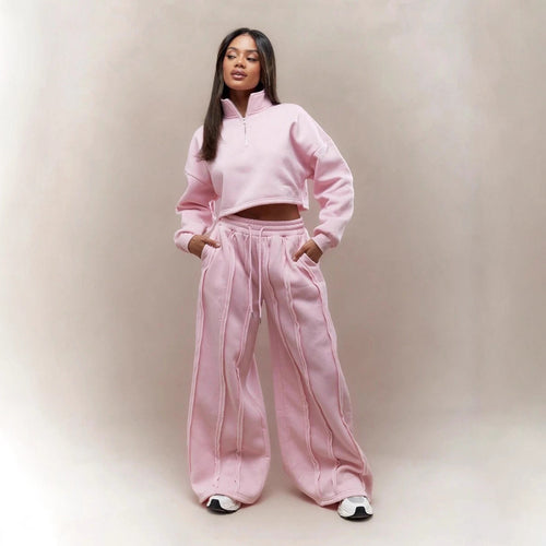 Damen Crop-Halbzip-Sweatshirt und High-Waist Wide-Leg Loungehose Set mit sichtbaren Naht-Details Drune