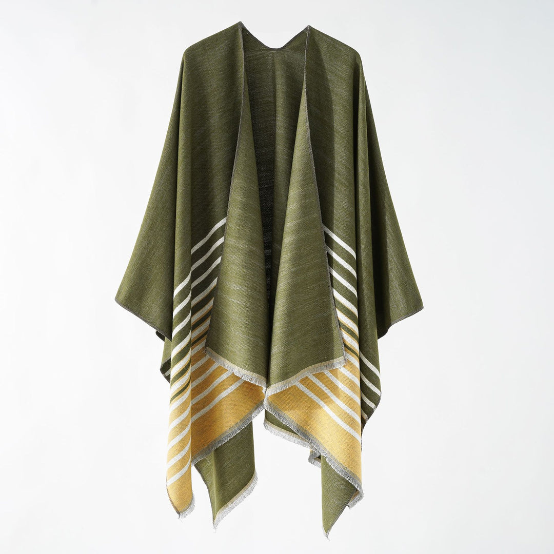 Damen Oversize-Umhangponcho im kastigen Fall mit diagonalem Streifenpanel und feinfransigem Saum Drune