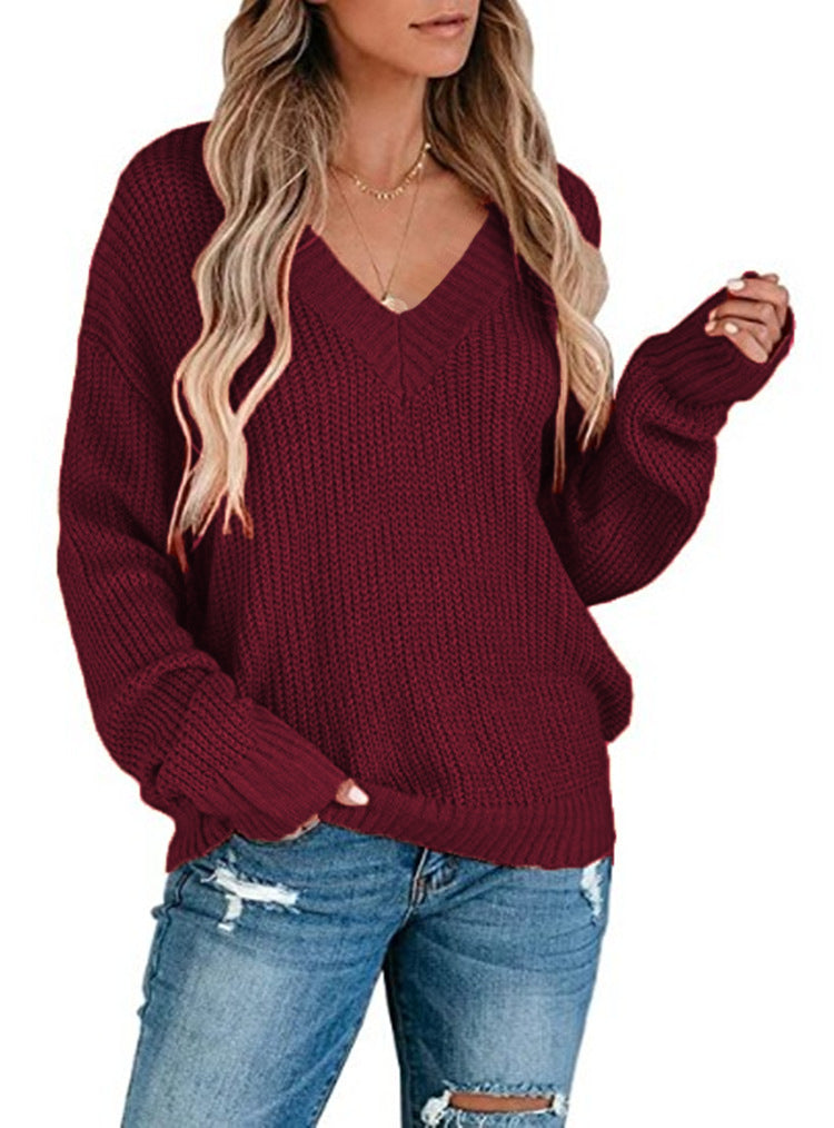 Damen Grobstrickpullover mit tiefem V-Ausschnitt und legeren Ärmeln Drune