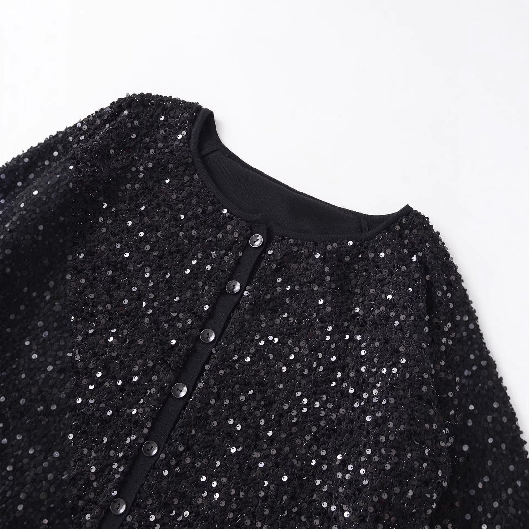 Damen nan Pailletten-Strickjacke mit Rundhalsausschnitt und dezenter Knopfleiste Drune