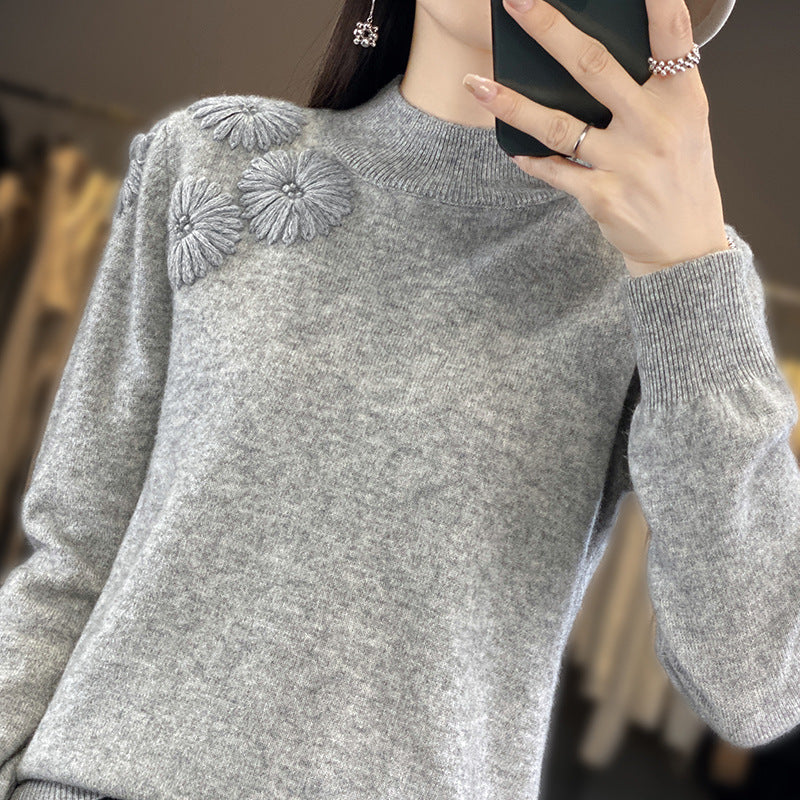 Damen Weicher Feinstrickpullover mit kurzem Stehkragen, 3D‑Blütenapplikation und gerippten Bündchen Drune