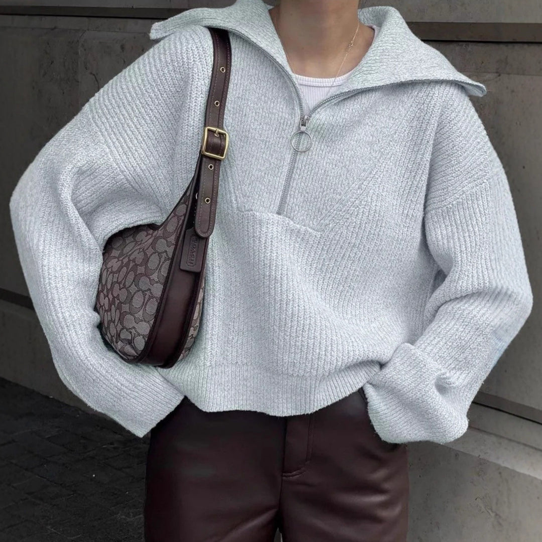 Damen modischer Strickpullover mit hohem Kragen und Reißverschluss Drune