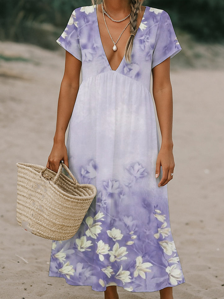 Damen Fließendes Maxi-Kleid mit tiefem V-Ausschnitt und floralem Muster Drune