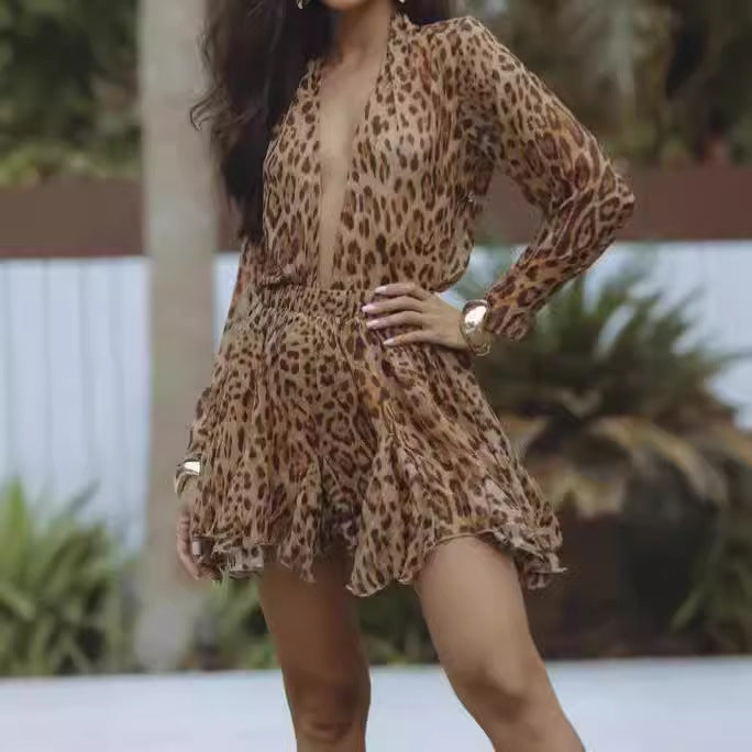 Damen Kurzarmkleid mit Leopardenmuster und fließendem Saum Drune