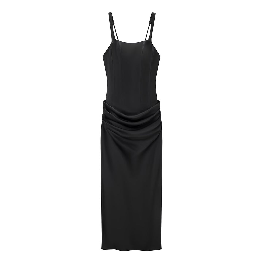 Damen elegantes Midikleid mit raffinierten Drapierungen und verstellbaren Spaghettiträgern Drune