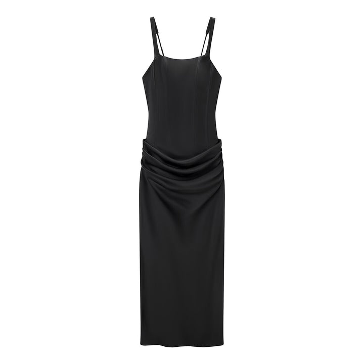 Damen elegantes Midikleid mit raffinierten Drapierungen und verstellbaren Spaghettiträgern Drune