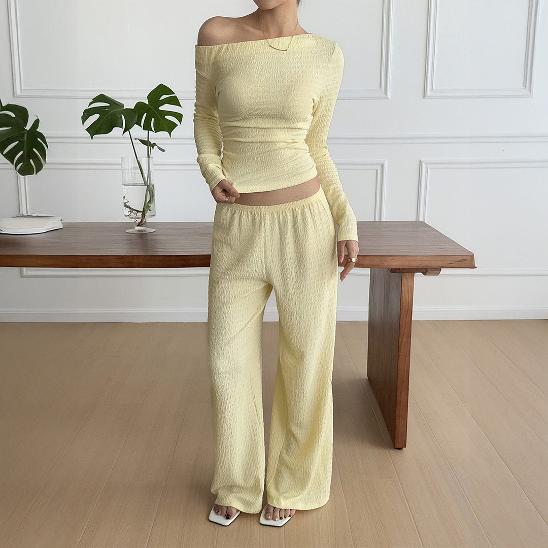 Damen nan legeres Crinkle-Lounge-Set mit Off-Shoulder Crop-Top und weiten High-Waist Palazzohose Drune