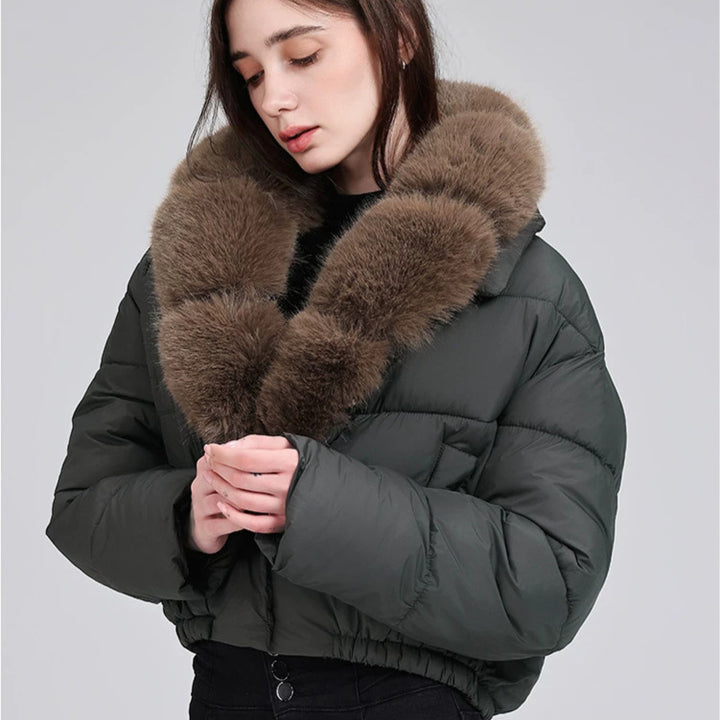 Damen Kurze gesteppte Puffer-Bomberjacke mit extra weitem Kunstfellkragen Drune