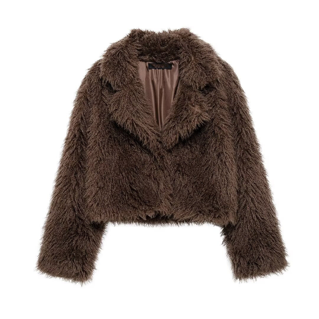 Damen Kurze Boxy-Plüschjacke im Shaggy-Look mit fallendem Revers Drune