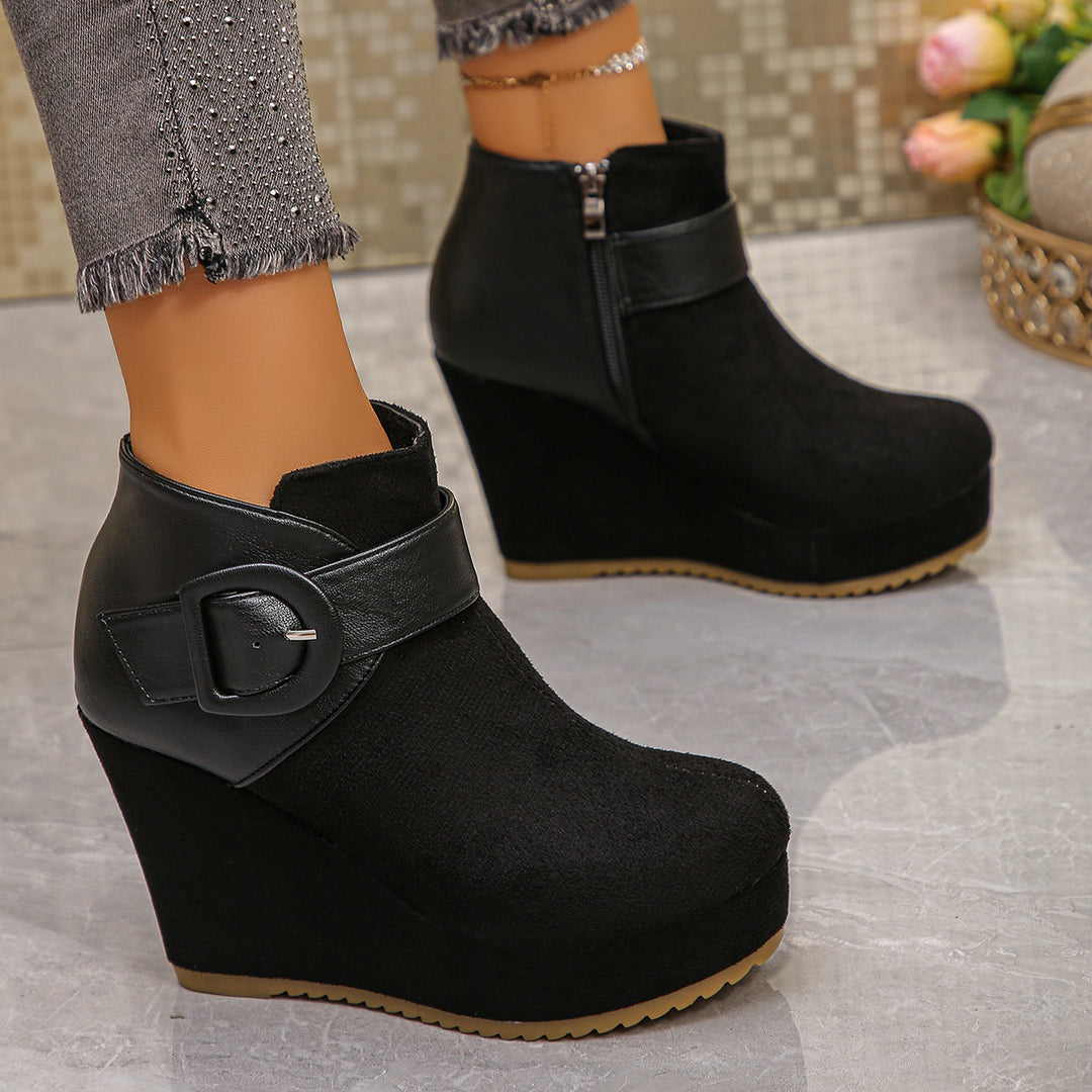 Damen Modische Wedge Stiefeletten mit Reißverschluss und Schnallen-Detail Drune