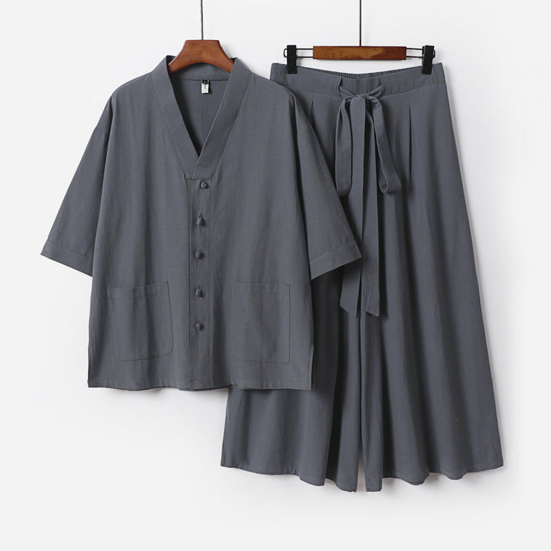 Damen Zweiteiliges Kimono-Lounge-Set mit Kurzarm-Knopfjacke, aufgesetzten Taschen und weiten Palazzo-Hosen Drune