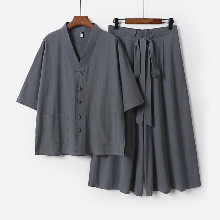 Damen Zweiteiliges Kimono-Lounge-Set mit Kurzarm-Knopfjacke, aufgesetzten Taschen und weiten Palazzo-Hosen Drune