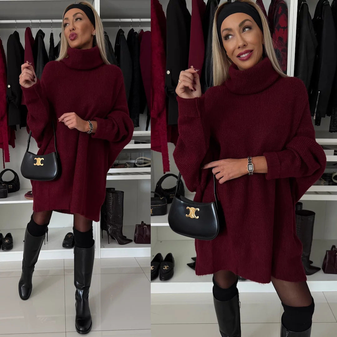 Damen kuscheliges Grobstrick-Minikleid mit extra hohem Rollkragen und oversized Passform Drune
