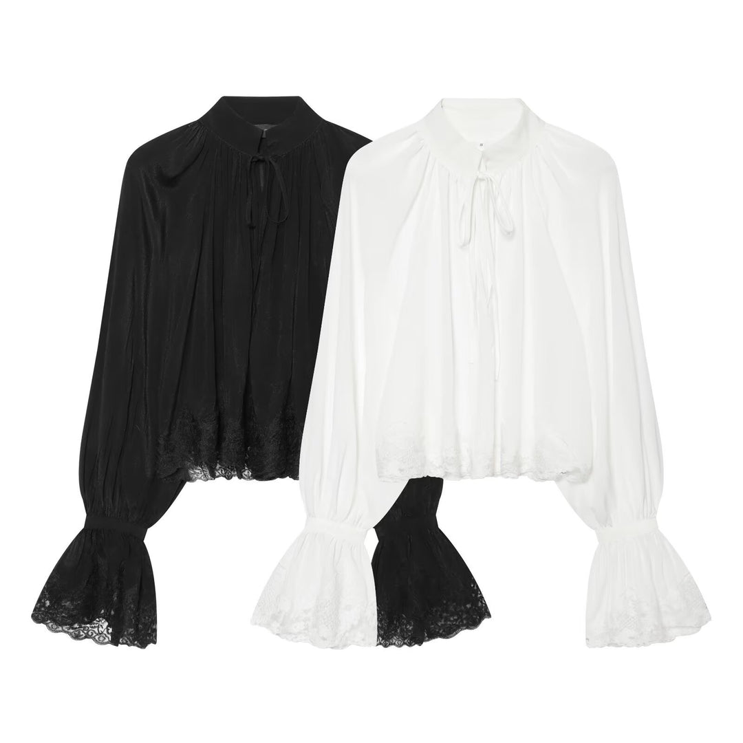 Damen Transparente Bluse mit Stehkragen, Volantenärmeln und Spitzenborte Drune