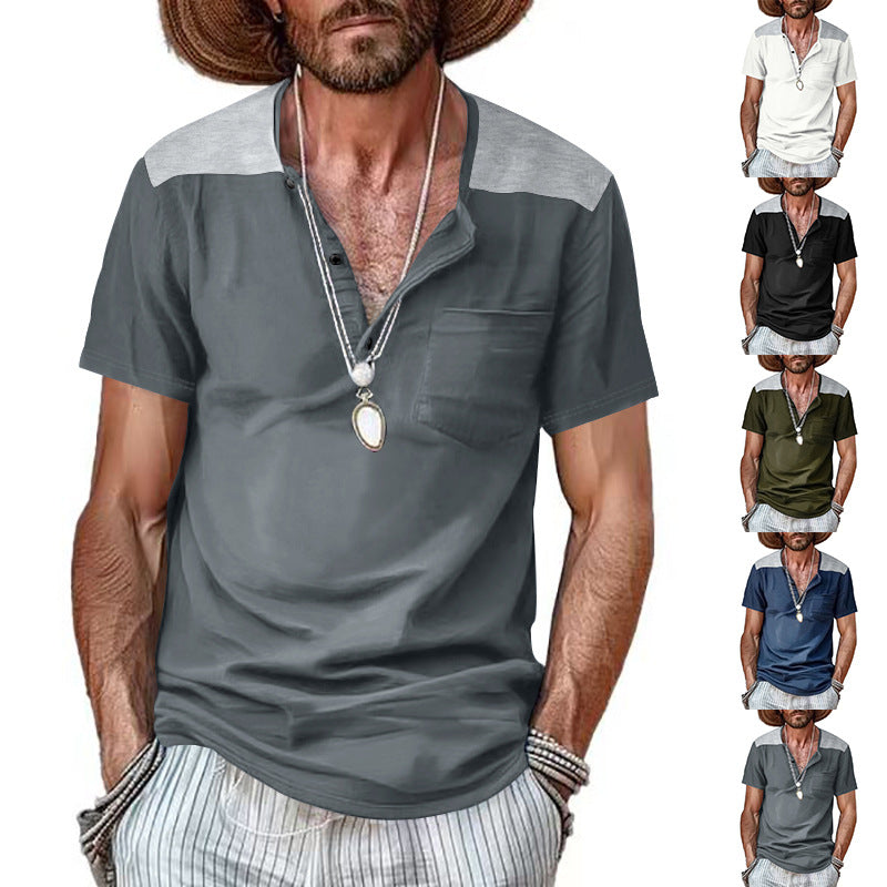 Herren nan Kurzarm-Henleyshirt aus weicher Baumwollmischung mit Brusttasche und Schulterblende Drune