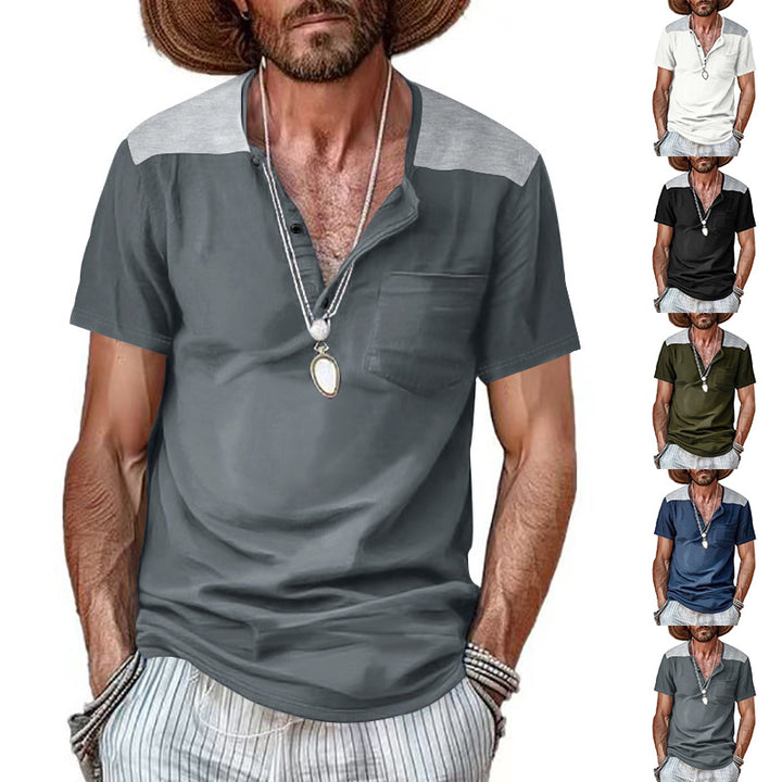 Herren nan Kurzarm-Henleyshirt aus weicher Baumwollmischung mit Brusttasche und Schulterblende Drune