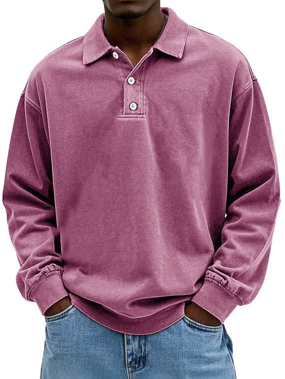 Herren Oversize Denim-Look Polo-Sweatshirt mit kurzer Knopfleiste und elastischen Bündchen EB
