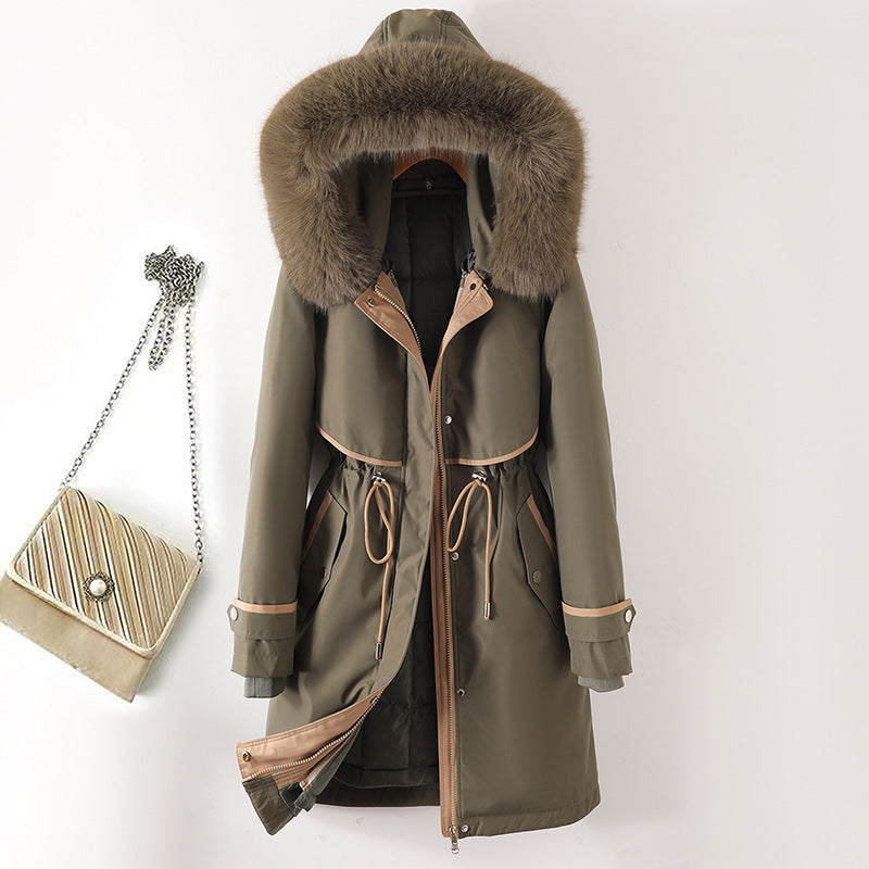 Damen nan langer Parka mit Kunstfellkapuze Taillenzug und kontrastierten Paspeln Drune