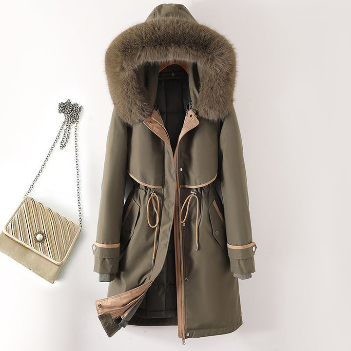 Damen nan langer Parka mit Kunstfellkapuze Taillenzug und kontrastierten Paspeln Drune
