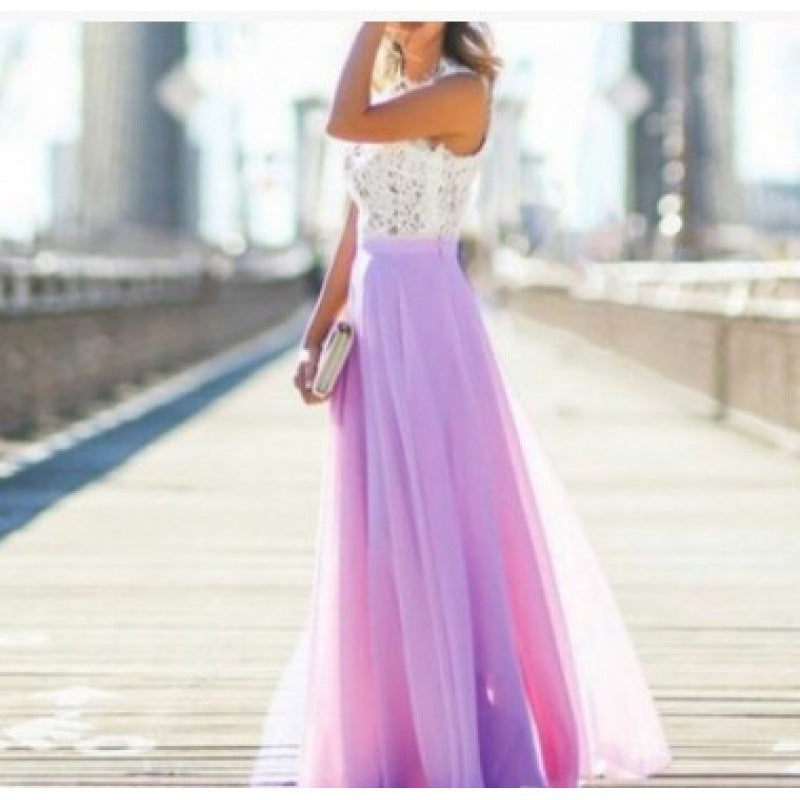 Damen Maxikleid mit floralem Spitzenoberteil und fließendem Rock Drune