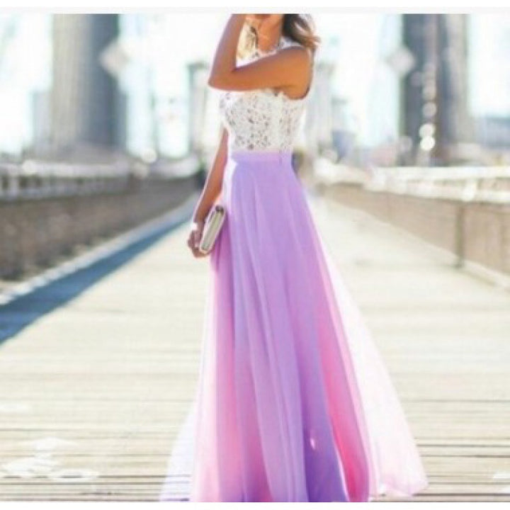 Damen Maxikleid mit floralem Spitzenoberteil und fließendem Rock Drune