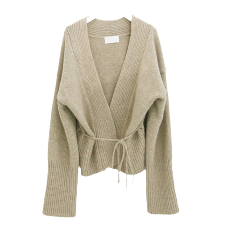 Damen Wickelstrickjacke mit binde Gürtel und hochgezogenem Kragen Drune