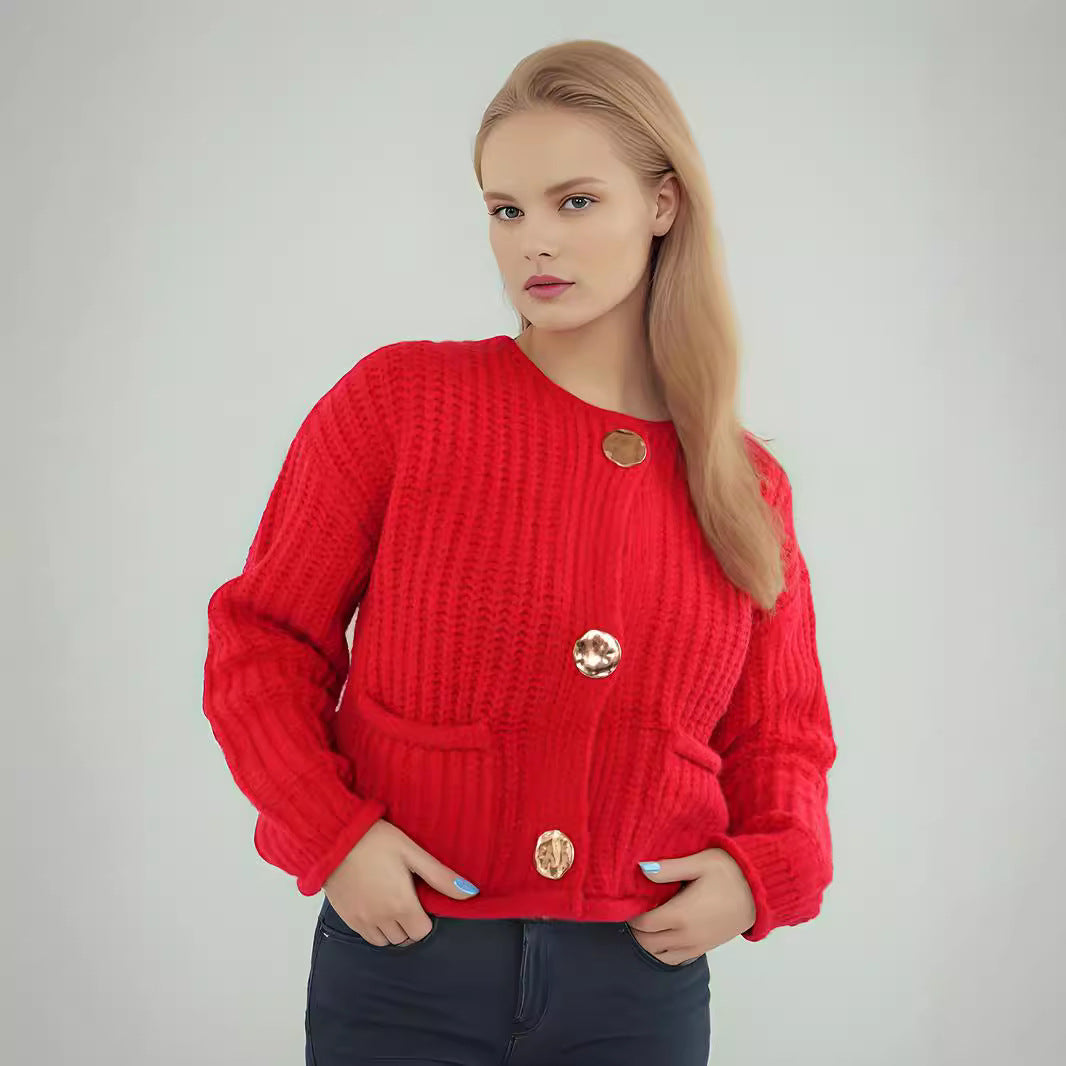 Damen kuschelige Strickjacke mit großen Knöpfen und aufgesetzten Taschen Drune